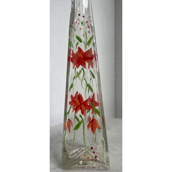 Hand Painted Glass Decanter Vase With Red Floral Design & Cork Lid - Picture 4 of 7